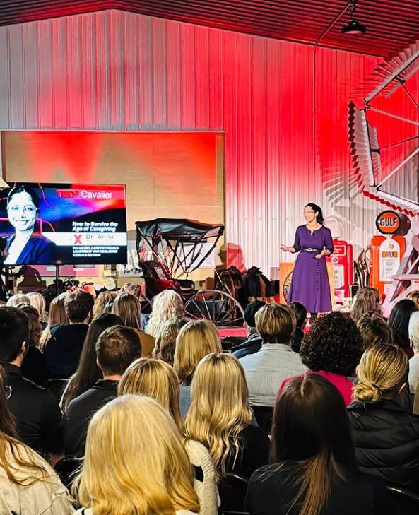 Dr. Anna Thomas delivering a TEDx on How to Survive the Age of Caregiving
