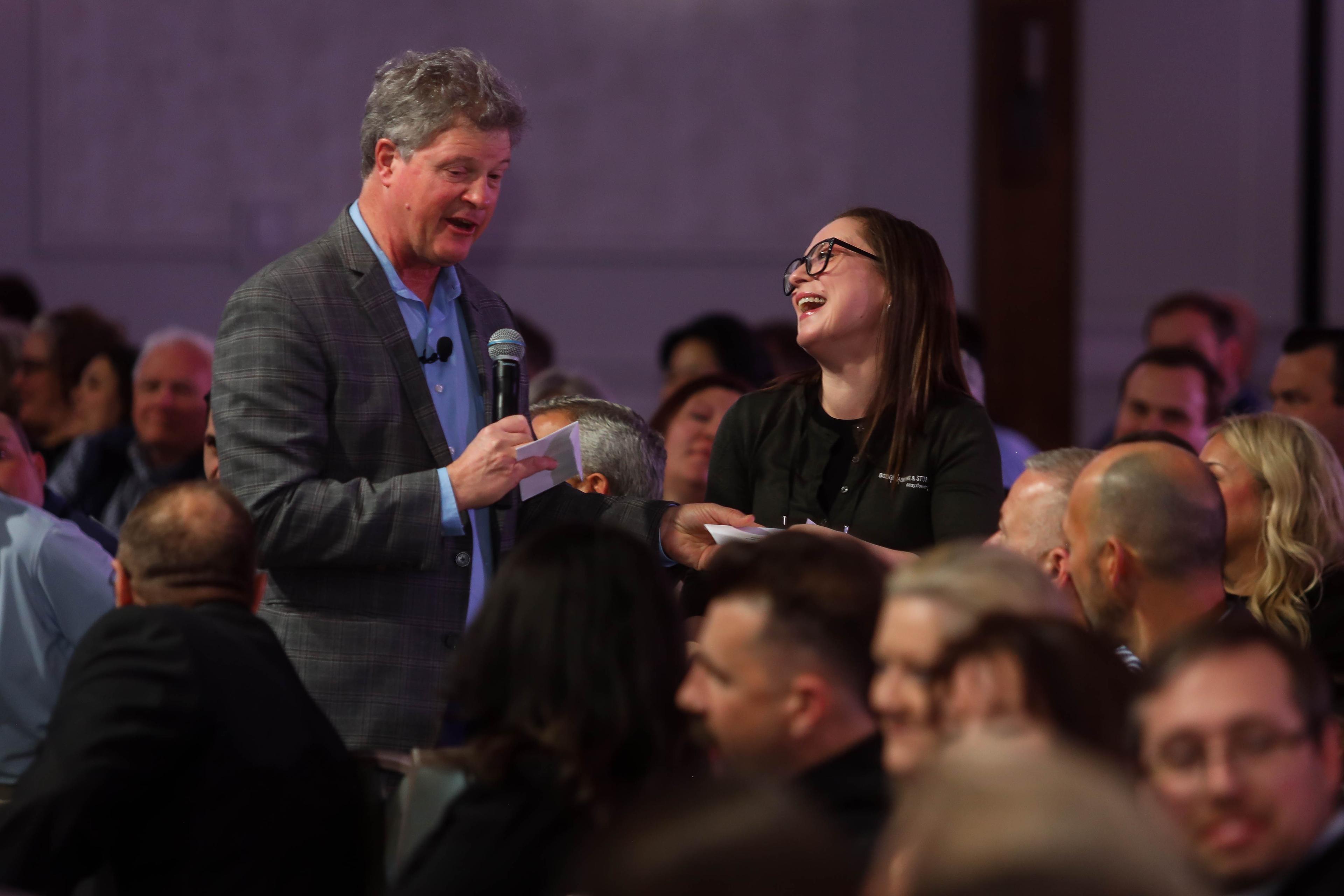 Greg Schwem having fun with audience members